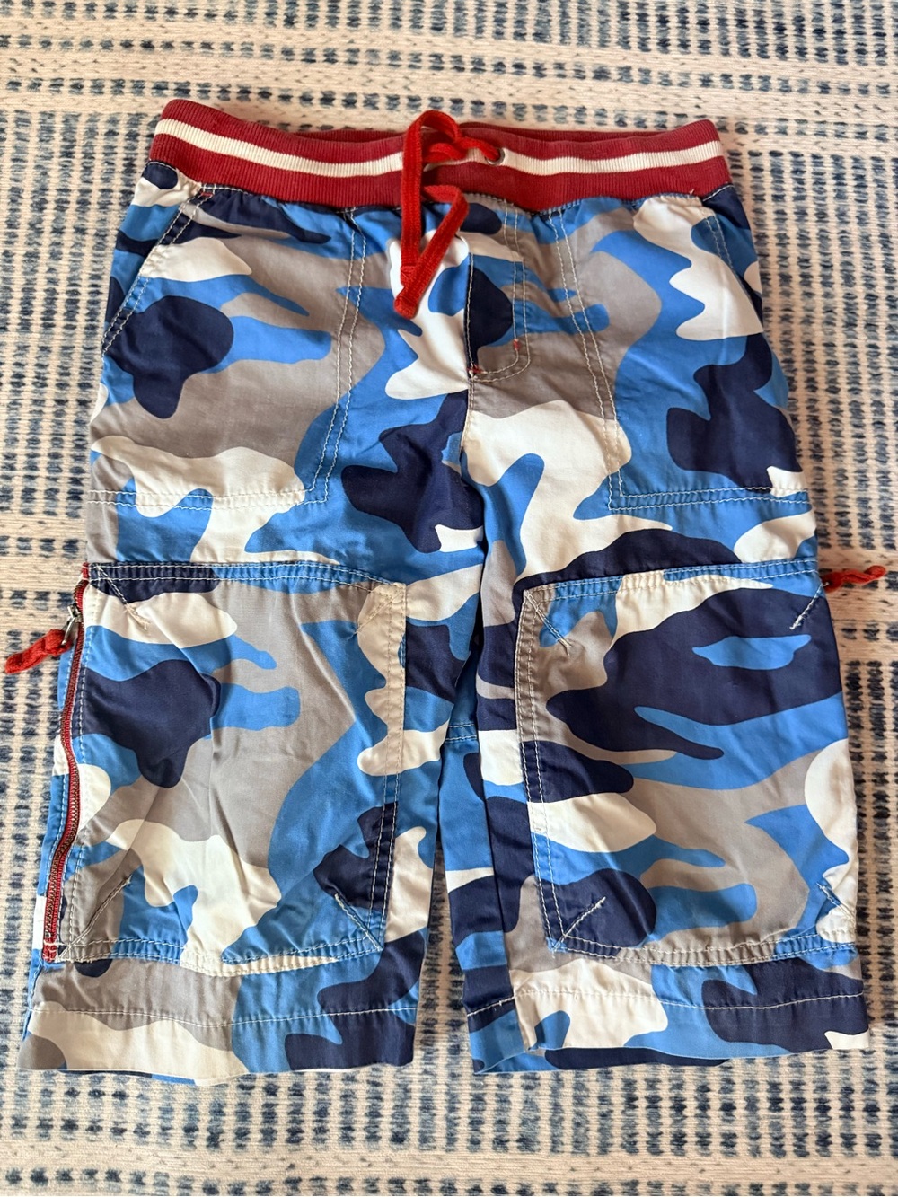 Mini Boden Blue Camo Cargo Shorts with Red Drawstring